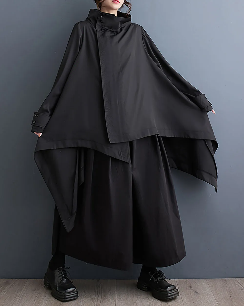 ellazhu Women's Coat Button Long Sleeve Flowy Hem Zipper Solid Black Oversize Loose Fall GZ255