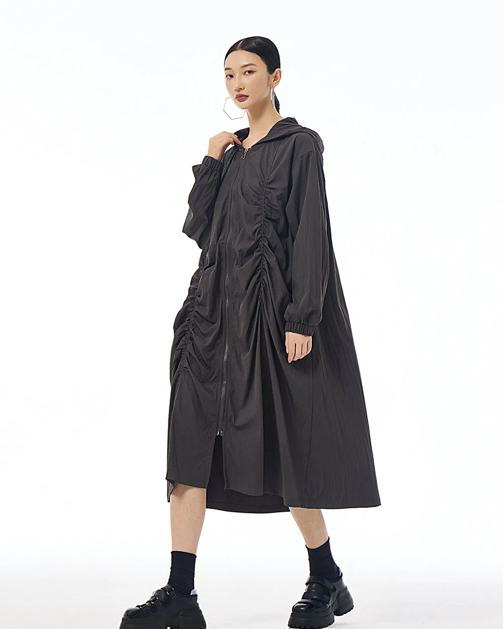 ellazhu Women's Coat Dress Long Sleeve Zipper Solid Color Pleating Design Loose Casual Jacket GE36