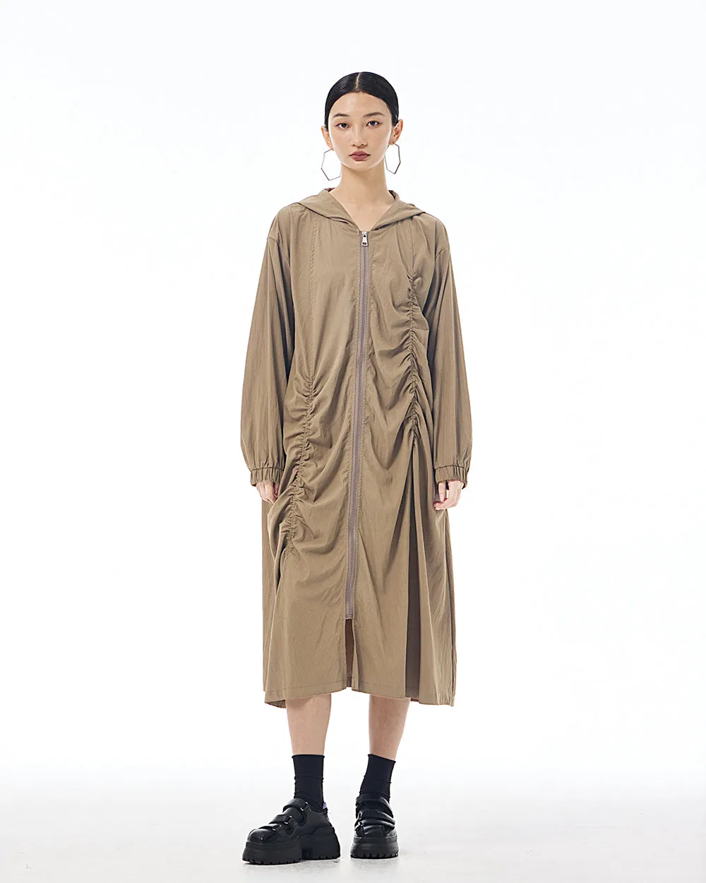 ellazhu Women's Coat Dress Long Sleeve Zipper Solid Color Pleating Design Loose Casual Jacket GE36