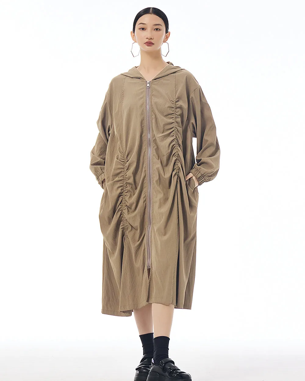 ellazhu Women's Coat Dress Long Sleeve Zipper Solid Color Pleating Design Loose Casual Jacket GE36