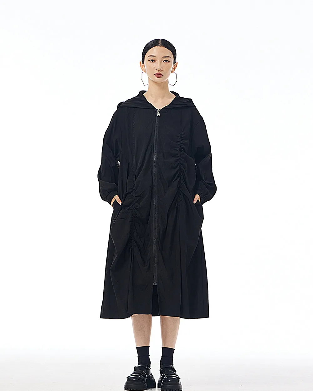 ellazhu Women's Coat Dress Long Sleeve Zipper Solid Color Pleating Design Loose Casual Jacket GE36