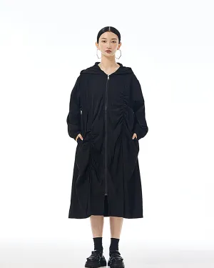 ellazhu Women's Coat Dress Long Sleeve Zipper Solid Color Pleating Design Loose Casual Jacket GE36