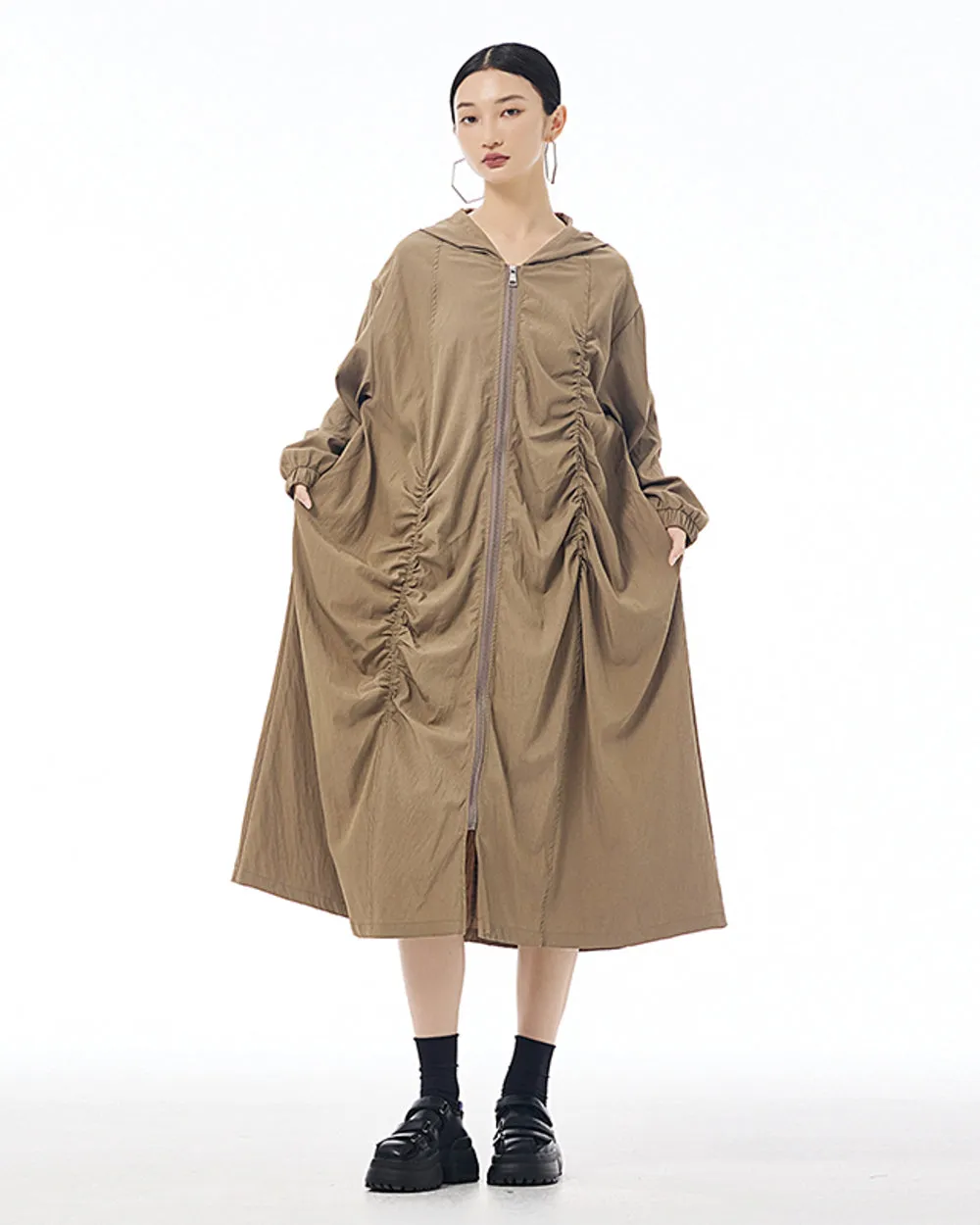 ellazhu Women's Coat Dress Long Sleeve Zipper Solid Color Pleating Design Loose Casual Jacket GE36