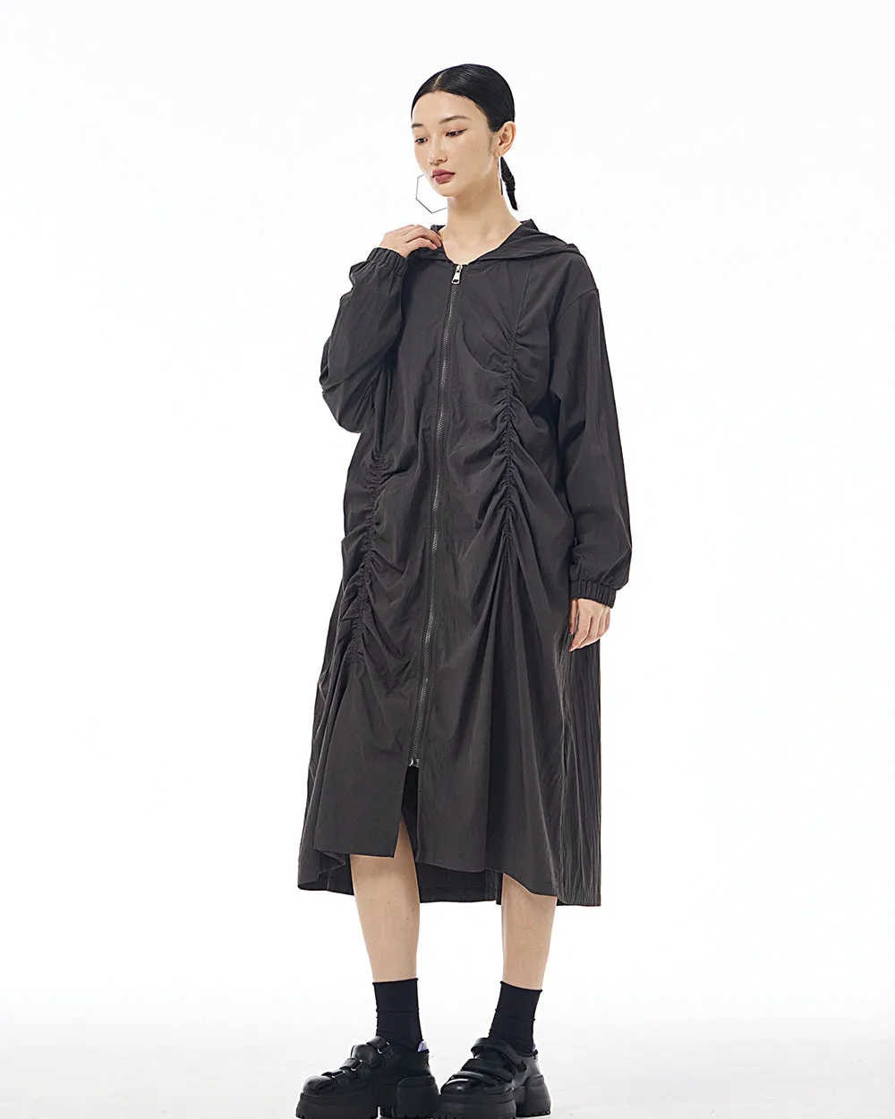 ellazhu Women's Coat Dress Long Sleeve Zipper Solid Color Pleating Design Loose Casual Jacket GE36