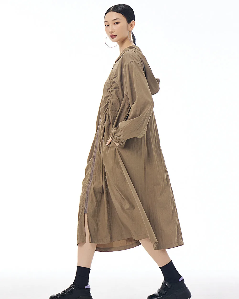 ellazhu Women's Coat Dress Long Sleeve Zipper Solid Color Pleating Design Loose Casual Jacket GE36