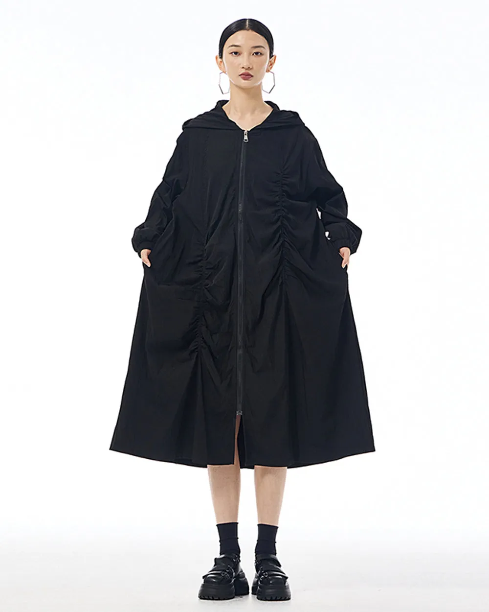 ellazhu Women's Coat Dress Long Sleeve Zipper Solid Color Pleating Design Loose Casual Jacket GE36