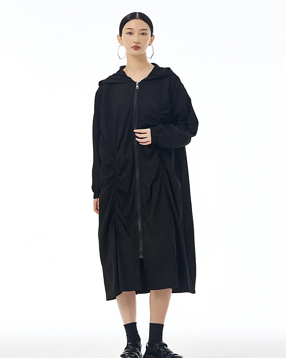 ellazhu Women's Coat Dress Long Sleeve Zipper Solid Color Pleating Design Loose Casual Jacket GE36
