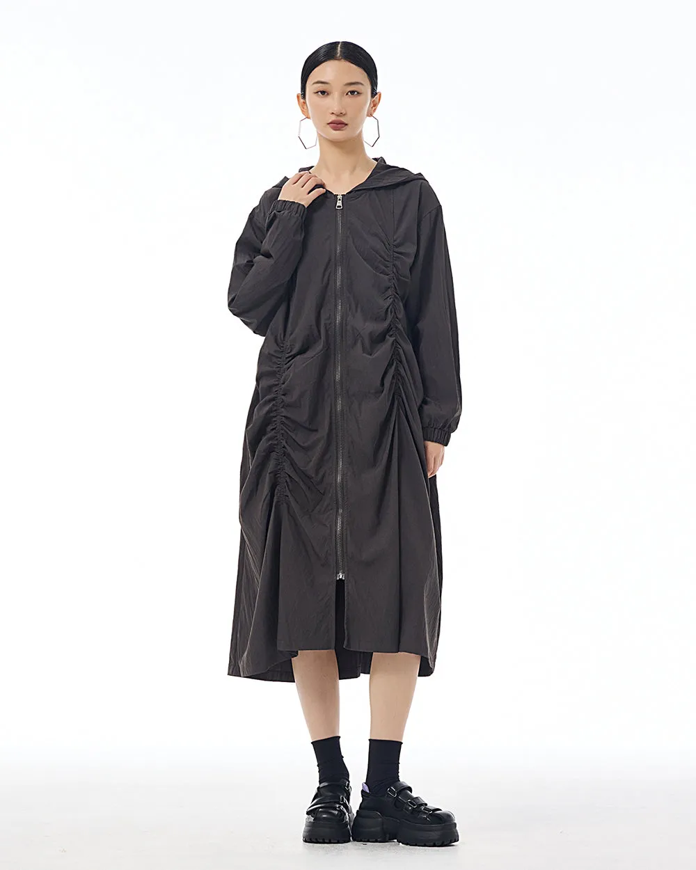 ellazhu Women's Coat Dress Long Sleeve Zipper Solid Color Pleating Design Loose Casual Jacket GE36