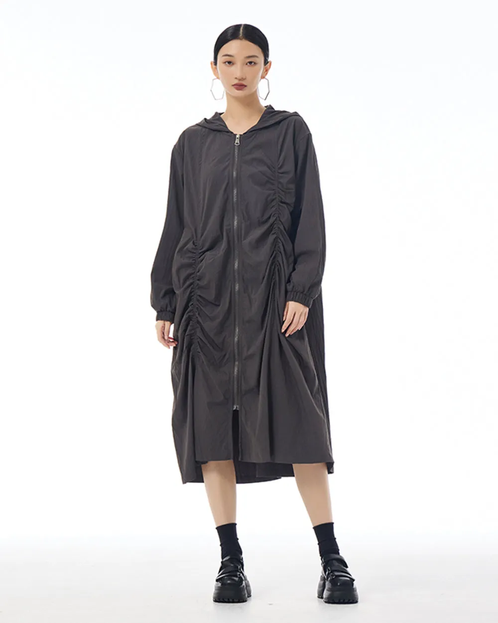 ellazhu Women's Coat Dress Long Sleeve Zipper Solid Color Pleating Design Loose Casual Jacket GE36