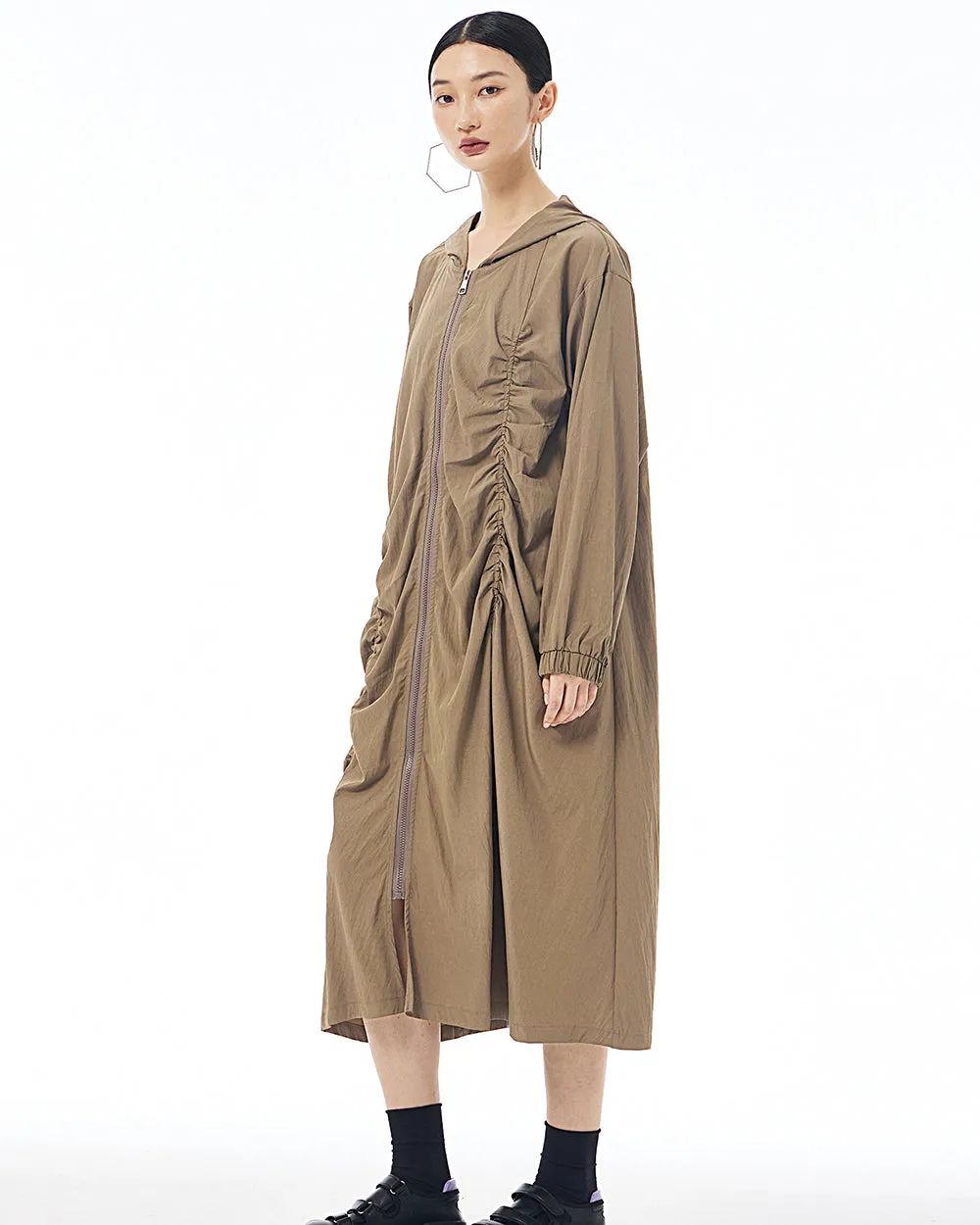 ellazhu Women's Coat Dress Long Sleeve Zipper Solid Color Pleating Design Loose Casual Jacket GE36