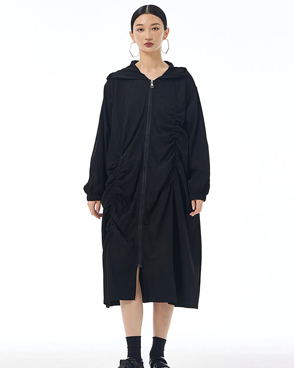 ellazhu Women's Coat Dress Long Sleeve Zipper Solid Color Pleating Design Loose Casual Jacket GE36