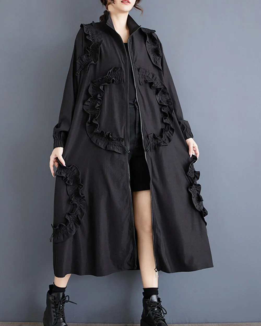 ellazhu Women's Coat High Neck Long Sleeve Zipper Solid Color Pocket Loose Casual Jacket GZ320