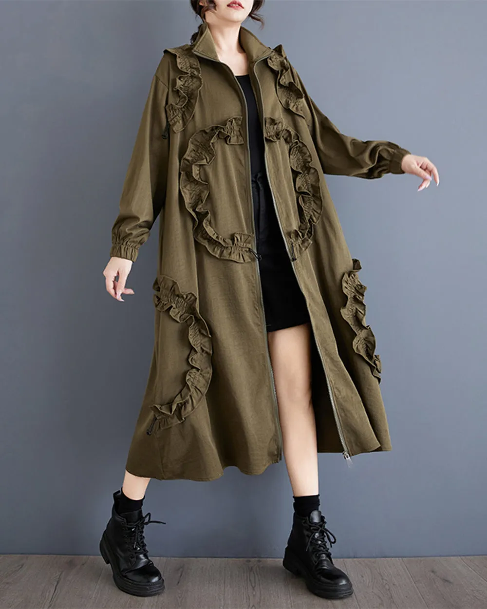 ellazhu Women's Coat High Neck Long Sleeve Zipper Solid Color Pocket Loose Casual Jacket GZ320
