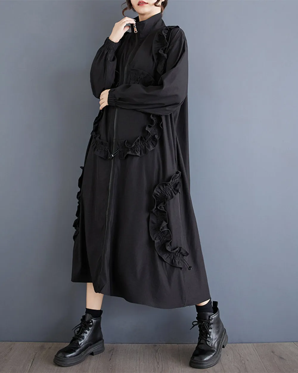 ellazhu Women's Coat High Neck Long Sleeve Zipper Solid Color Pocket Loose Casual Jacket GZ320