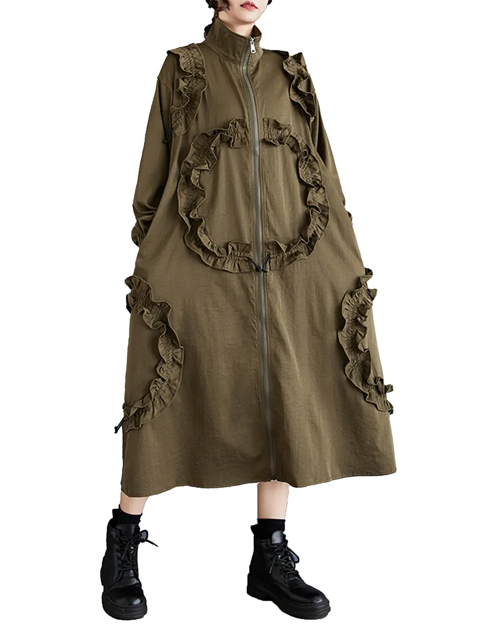 ellazhu Women's Coat High Neck Long Sleeve Zipper Solid Color Pocket Loose Casual Jacket GZ320