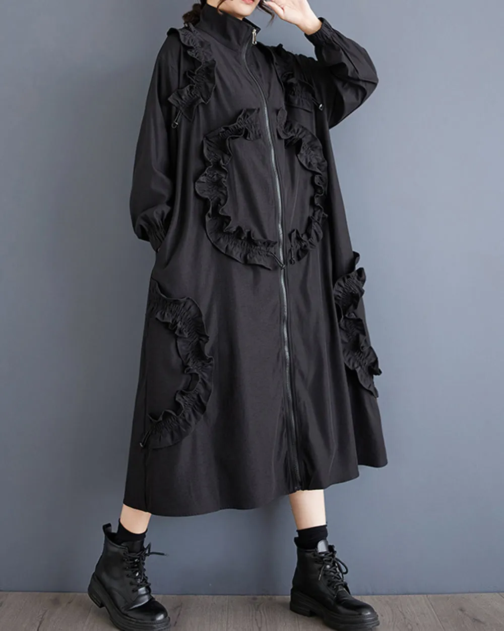ellazhu Women's Coat High Neck Long Sleeve Zipper Solid Color Pocket Loose Casual Jacket GZ320