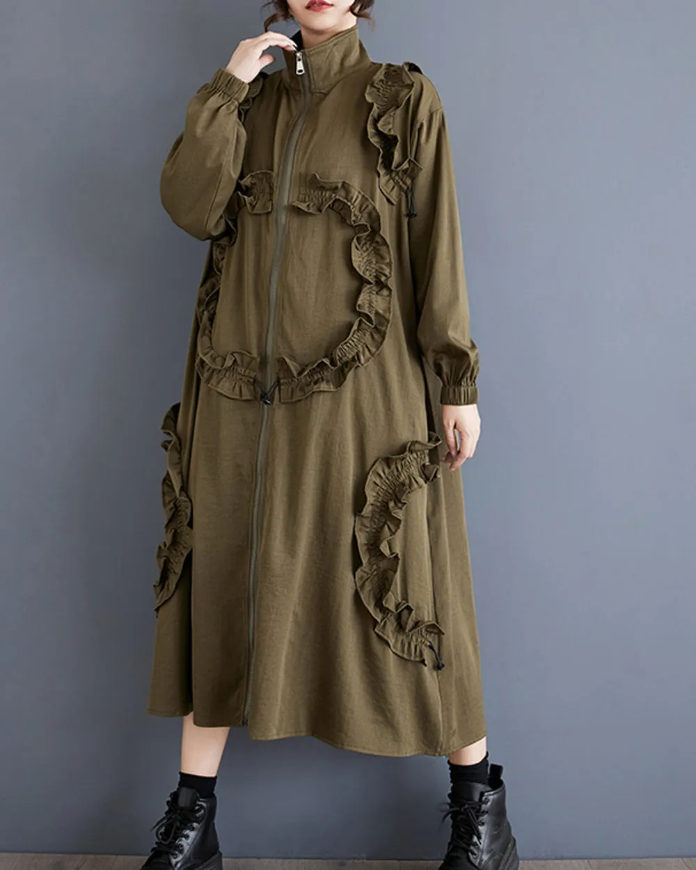 ellazhu Women's Coat High Neck Long Sleeve Zipper Solid Color Pocket Loose Casual Jacket GZ320