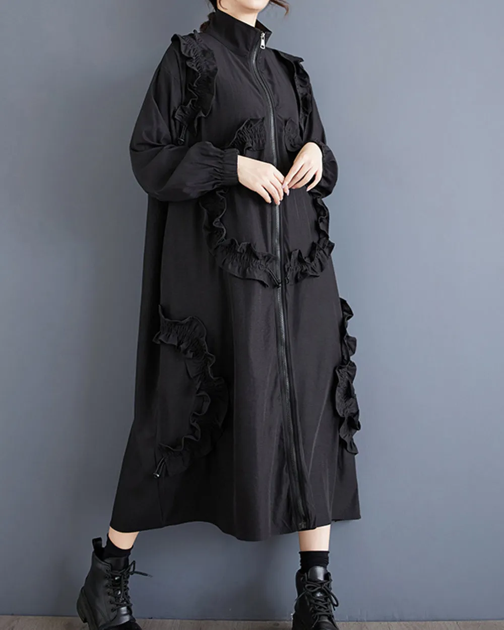 ellazhu Women's Coat High Neck Long Sleeve Zipper Solid Color Pocket Loose Casual Jacket GZ320