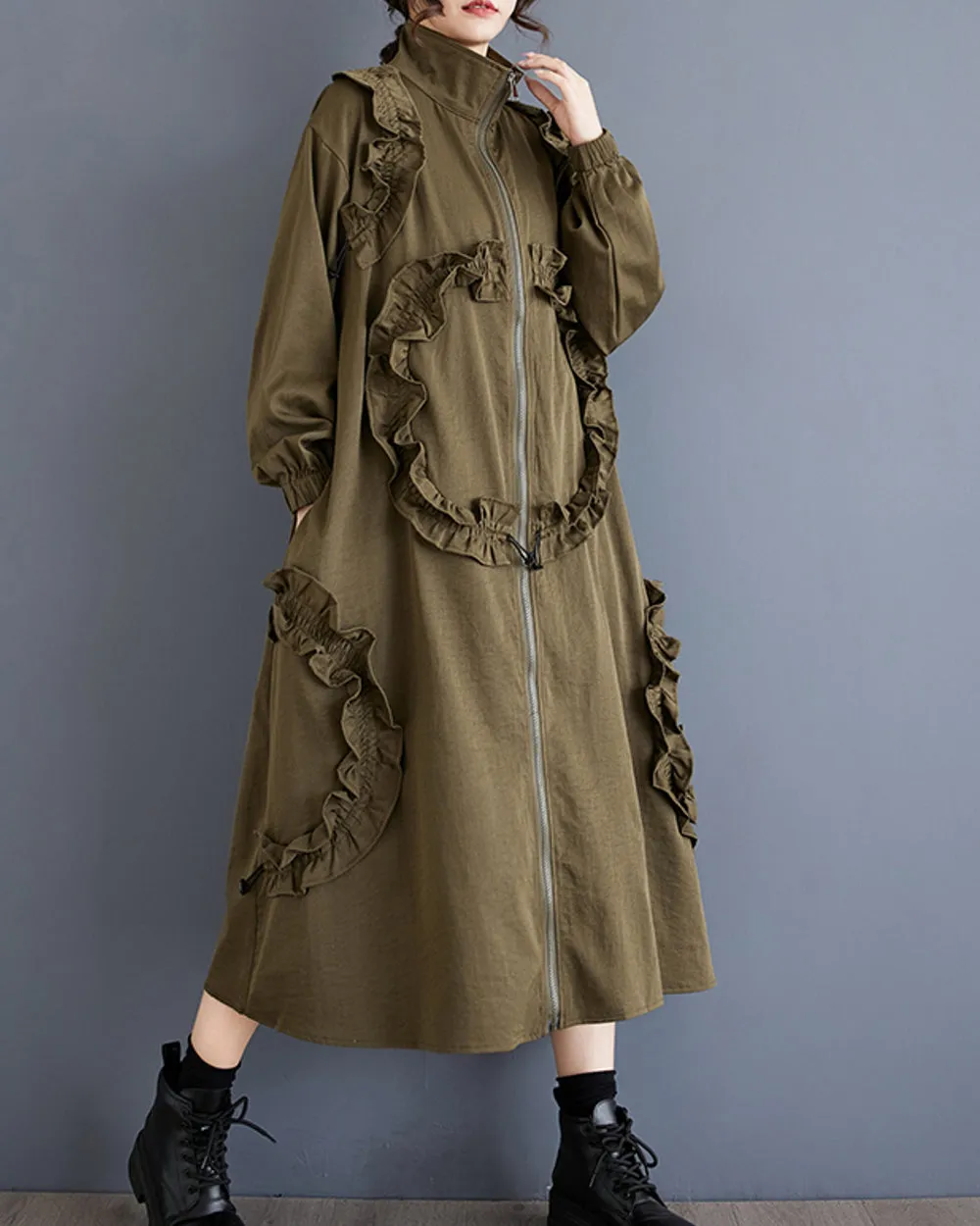 ellazhu Women's Coat High Neck Long Sleeve Zipper Solid Color Pocket Loose Casual Jacket GZ320