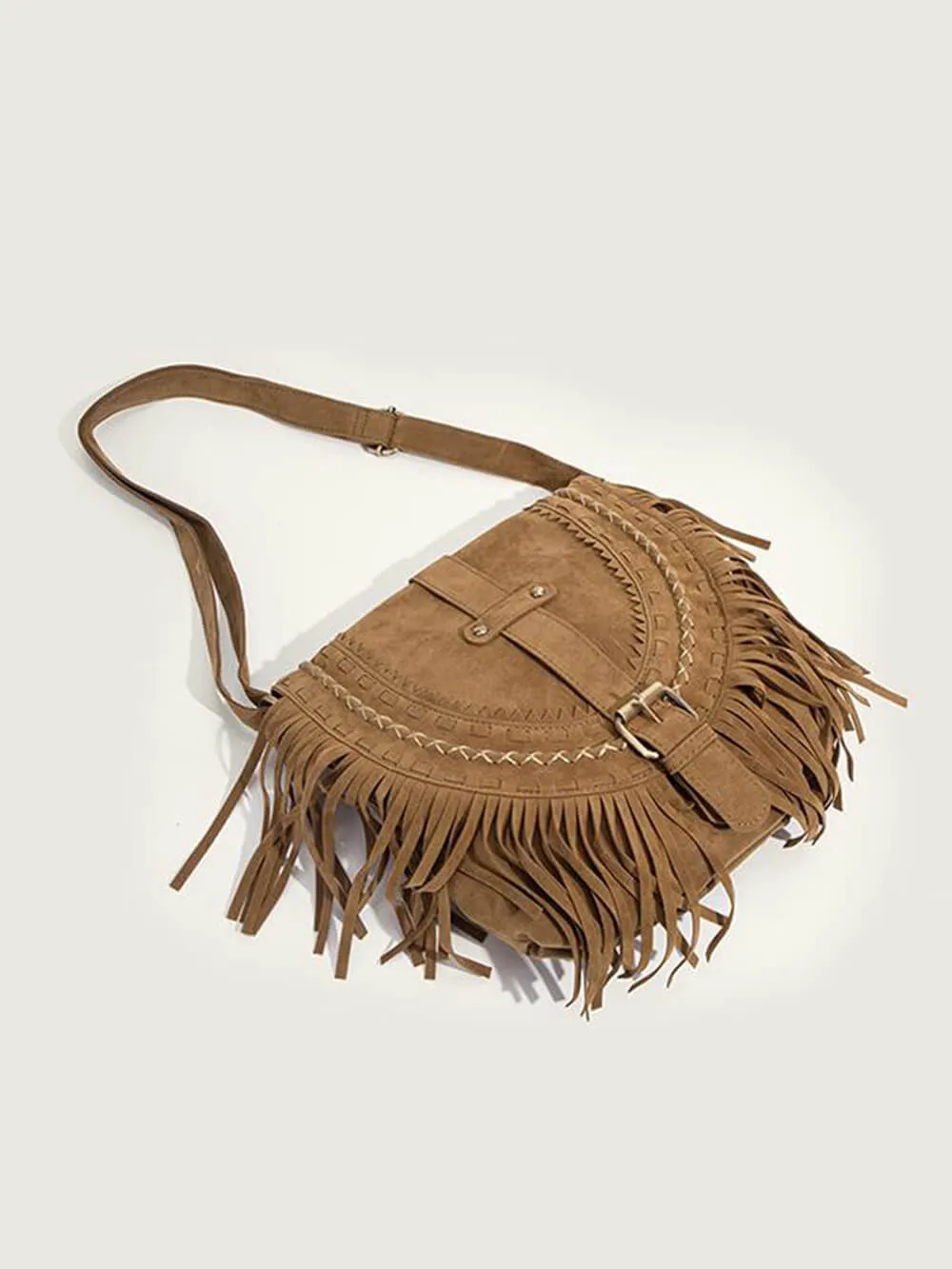 Faux Suede Fringed Buckle Decorated Bag
