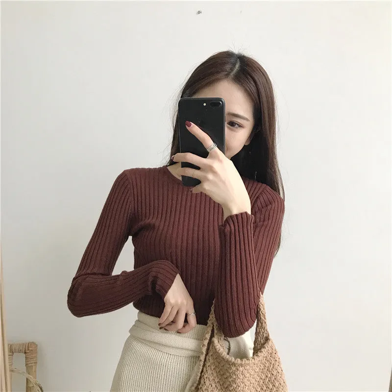 Fitted Sweater Women Western Korean Round-Neck Slimming Long Sleeved Pullover