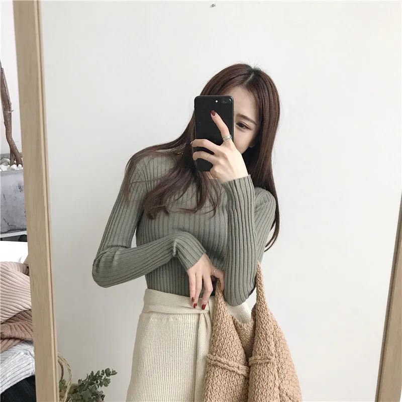 Fitted Sweater Women Western Korean Round-Neck Slimming Long Sleeved Pullover
