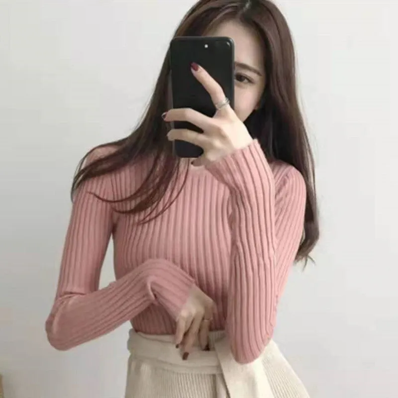 Fitted Sweater Women Western Korean Round-Neck Slimming Long Sleeved Pullover