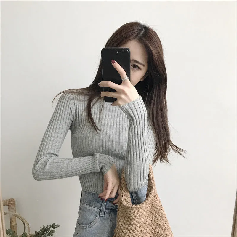 Fitted Sweater Women Western Korean Round-Neck Slimming Long Sleeved Pullover