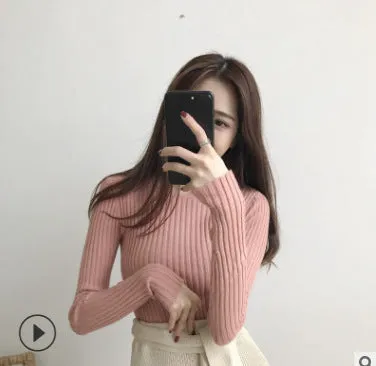 Fitted Sweater Women Western Korean Round-Neck Slimming Long Sleeved Pullover