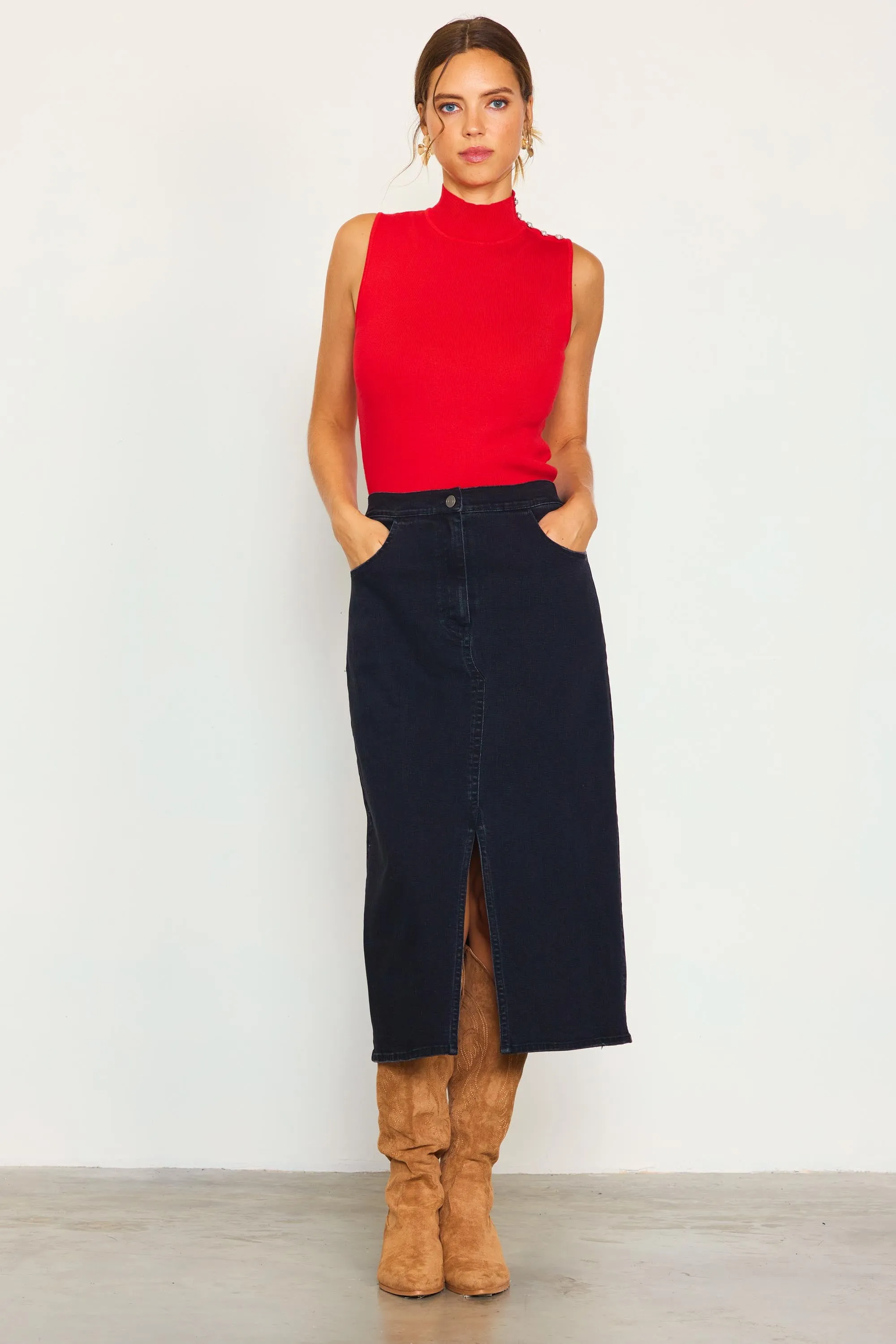 Front Slit Maxi Denim Skirt