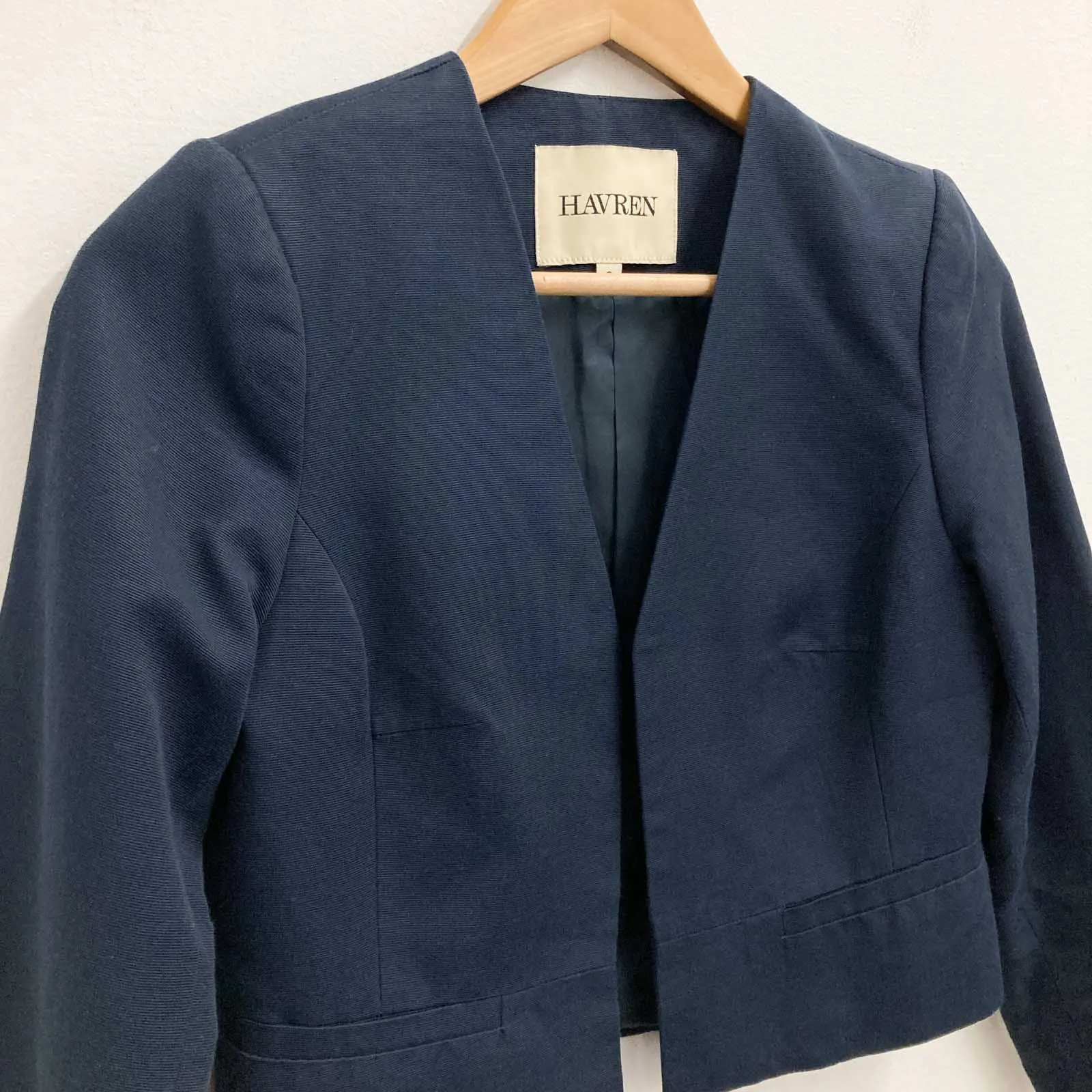 Havren Jacket Size 8 Navy Cropped 3/4 Sleeve Open Front