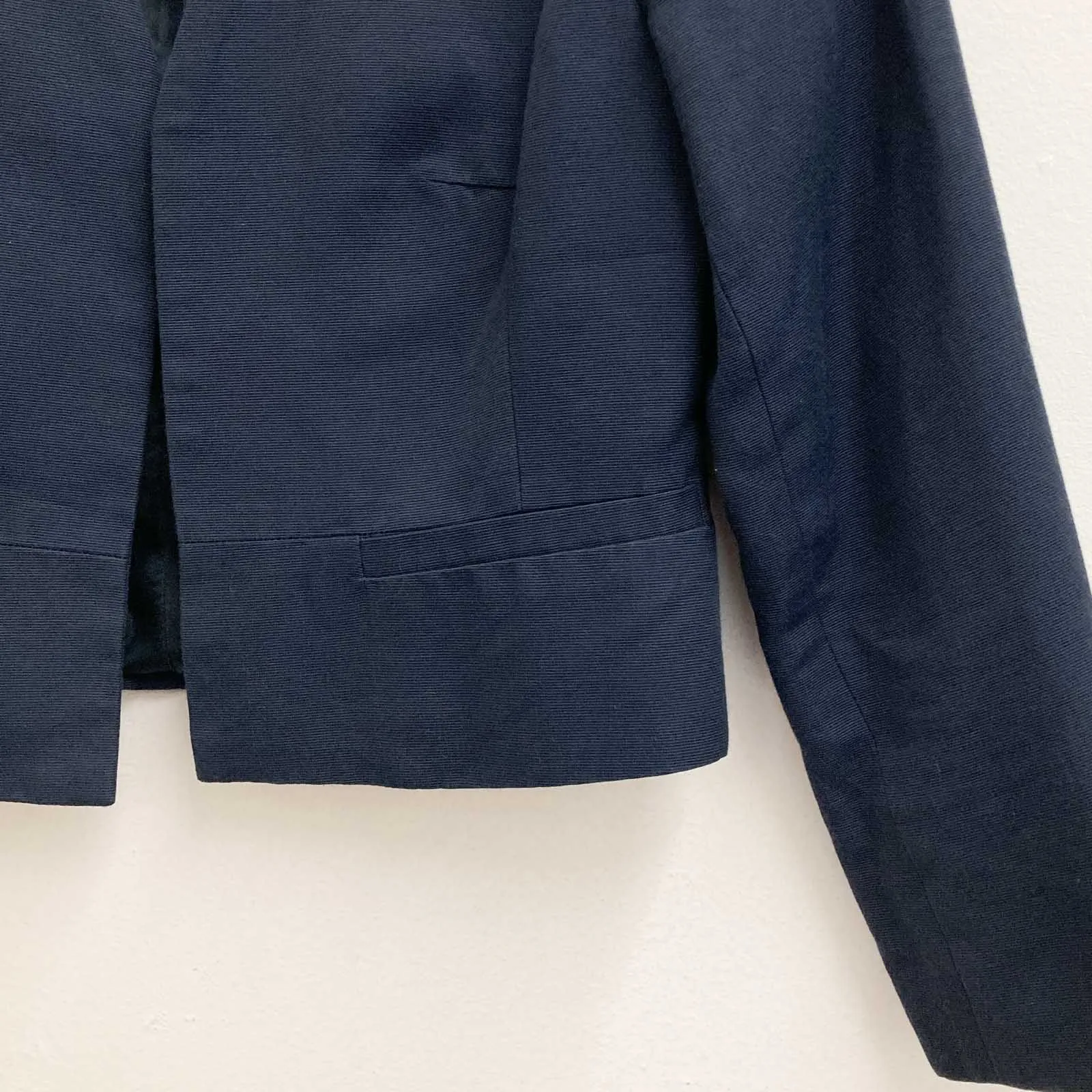 Havren Jacket Size 8 Navy Cropped 3/4 Sleeve Open Front