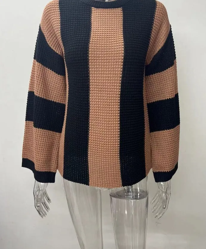 Knitted Round Neck Oversized Striped Sweaters