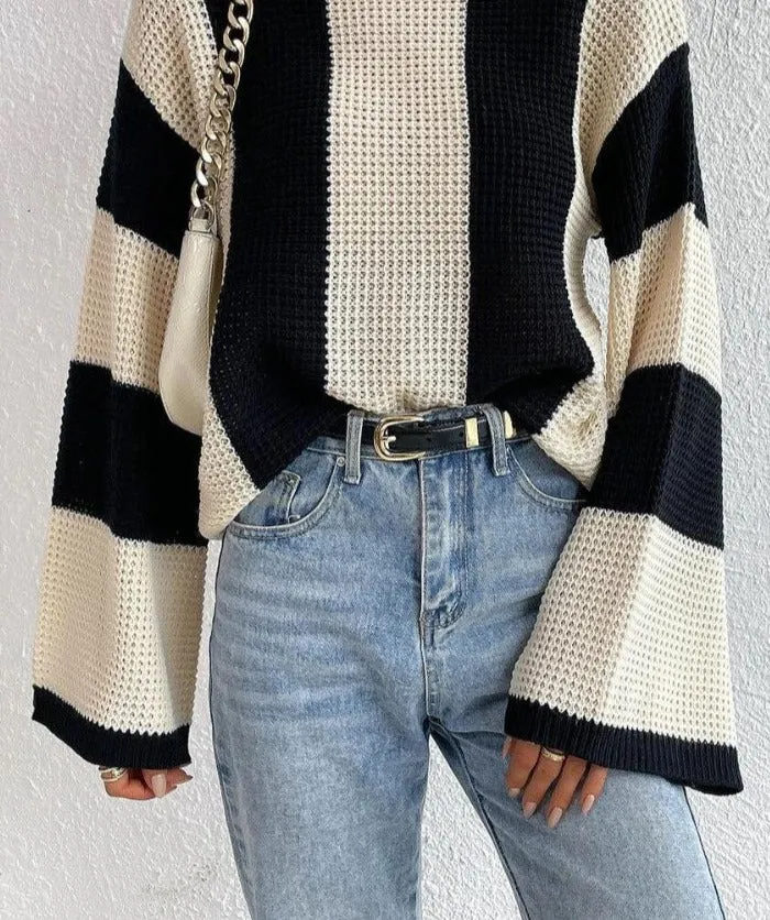 Knitted Round Neck Oversized Striped Sweaters