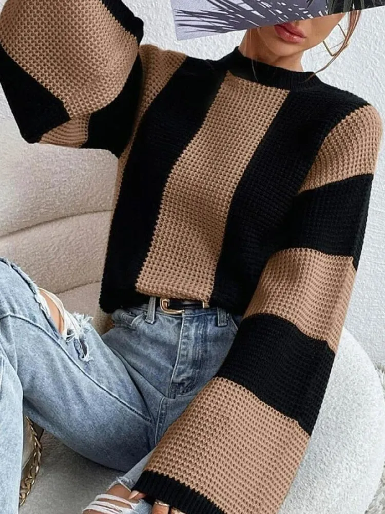 Knitted Round Neck Oversized Striped Sweaters