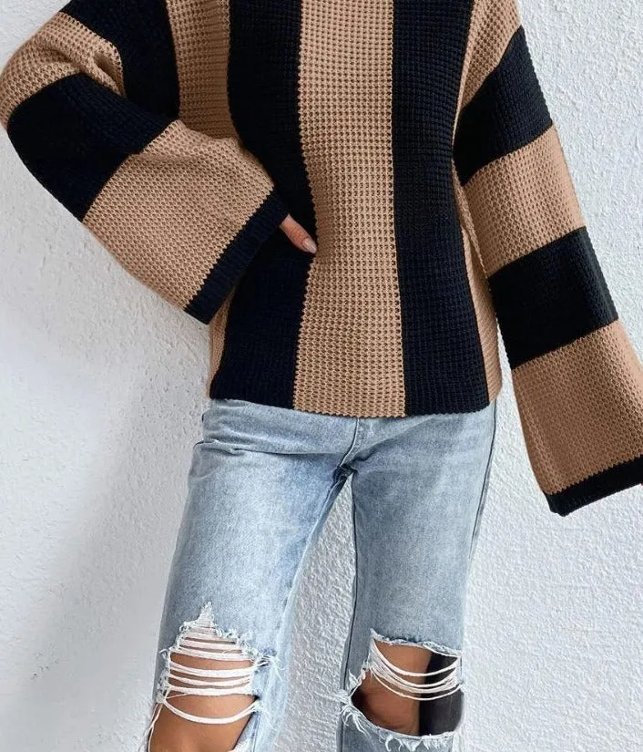 Knitted Round Neck Oversized Striped Sweaters