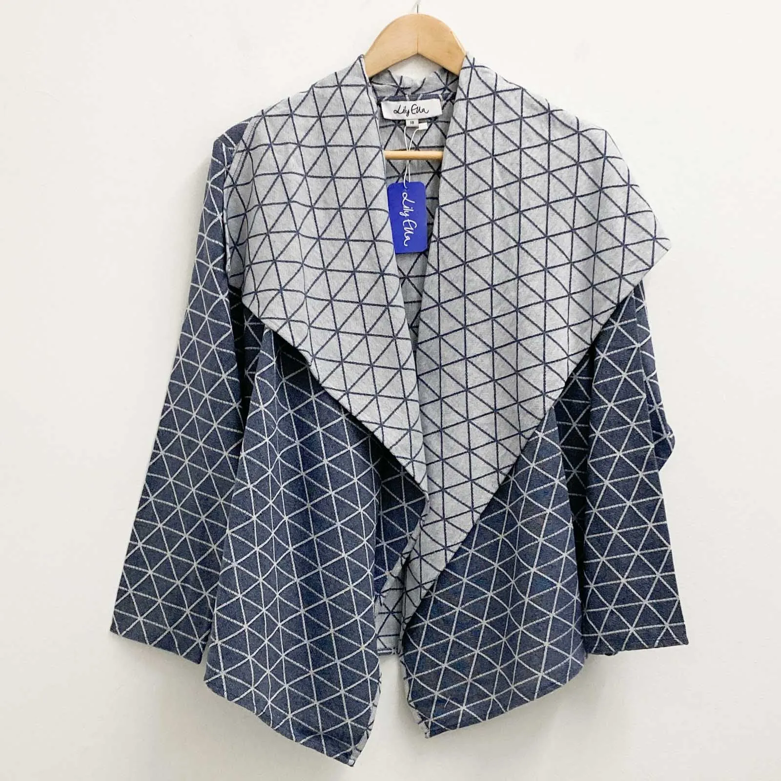 Lily Ella Jacket UK 18 Blue Grey Cotton Denim Look Open Front Waterfall
