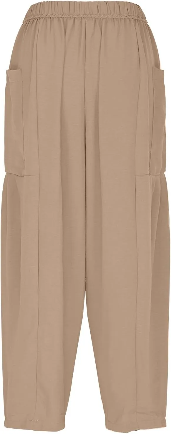 Lmdudan Women Linen Pants Casual Elastic Waist Wide Leg Boho Pants Loose Lightweight Beach Palazzo Pants with Pockets