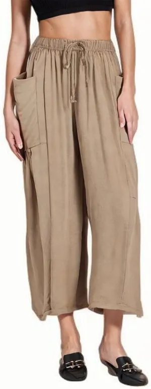 Lmdudan Women Linen Pants Casual Elastic Waist Wide Leg Boho Pants Loose Lightweight Beach Palazzo Pants with Pockets