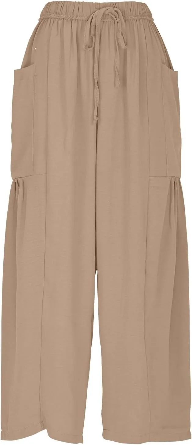 Lmdudan Women Linen Pants Casual Elastic Waist Wide Leg Boho Pants Loose Lightweight Beach Palazzo Pants with Pockets