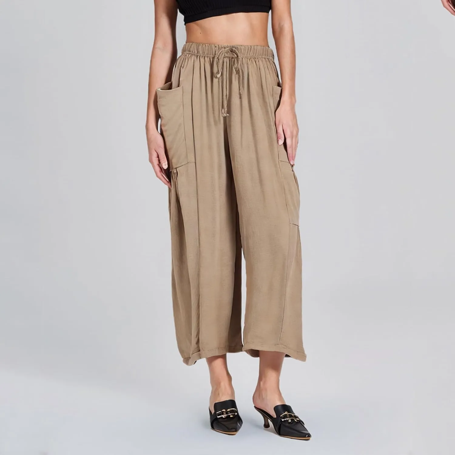 Lmdudan Women Linen Pants Casual Elastic Waist Wide Leg Boho Pants Loose Lightweight Beach Palazzo Pants with Pockets