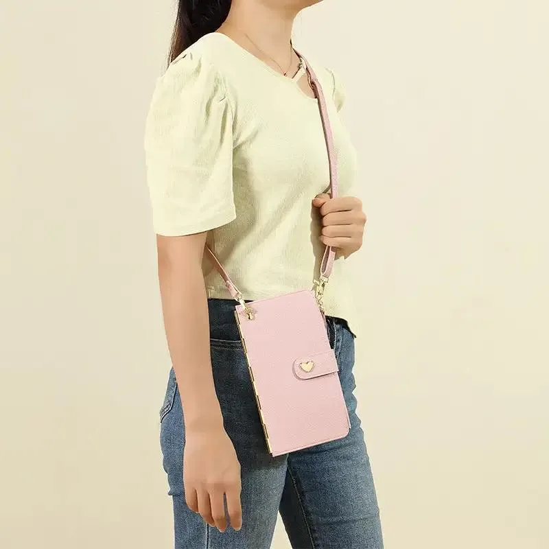 Mobile Phone Bags With Transparent Touch Screen Love Buckle Long Wallet Women Multifunctional Crossbody Shoulder Bag