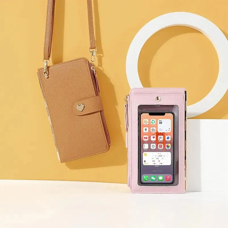 Mobile Phone Bags With Transparent Touch Screen Love Buckle Long Wallet Women Multifunctional Crossbody Shoulder Bag