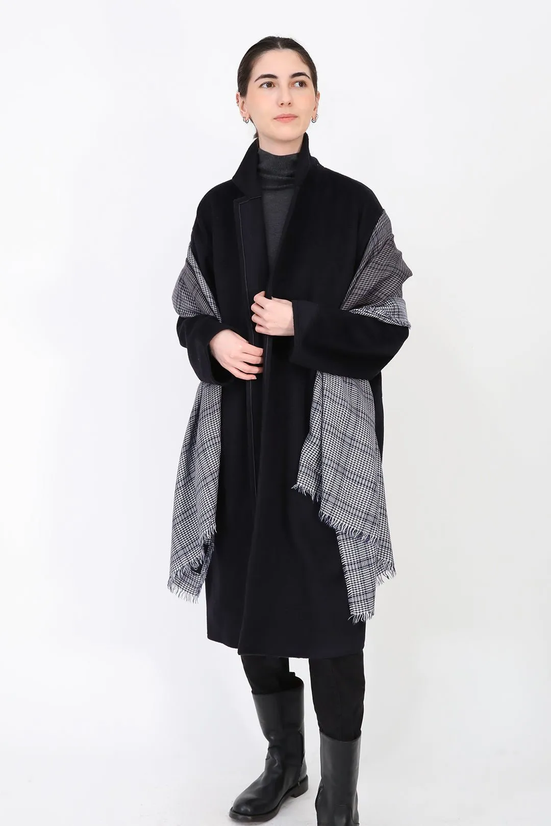 NAVY BLUE HOUNDSTOOTH ITALIAN CASHMERE SCARF