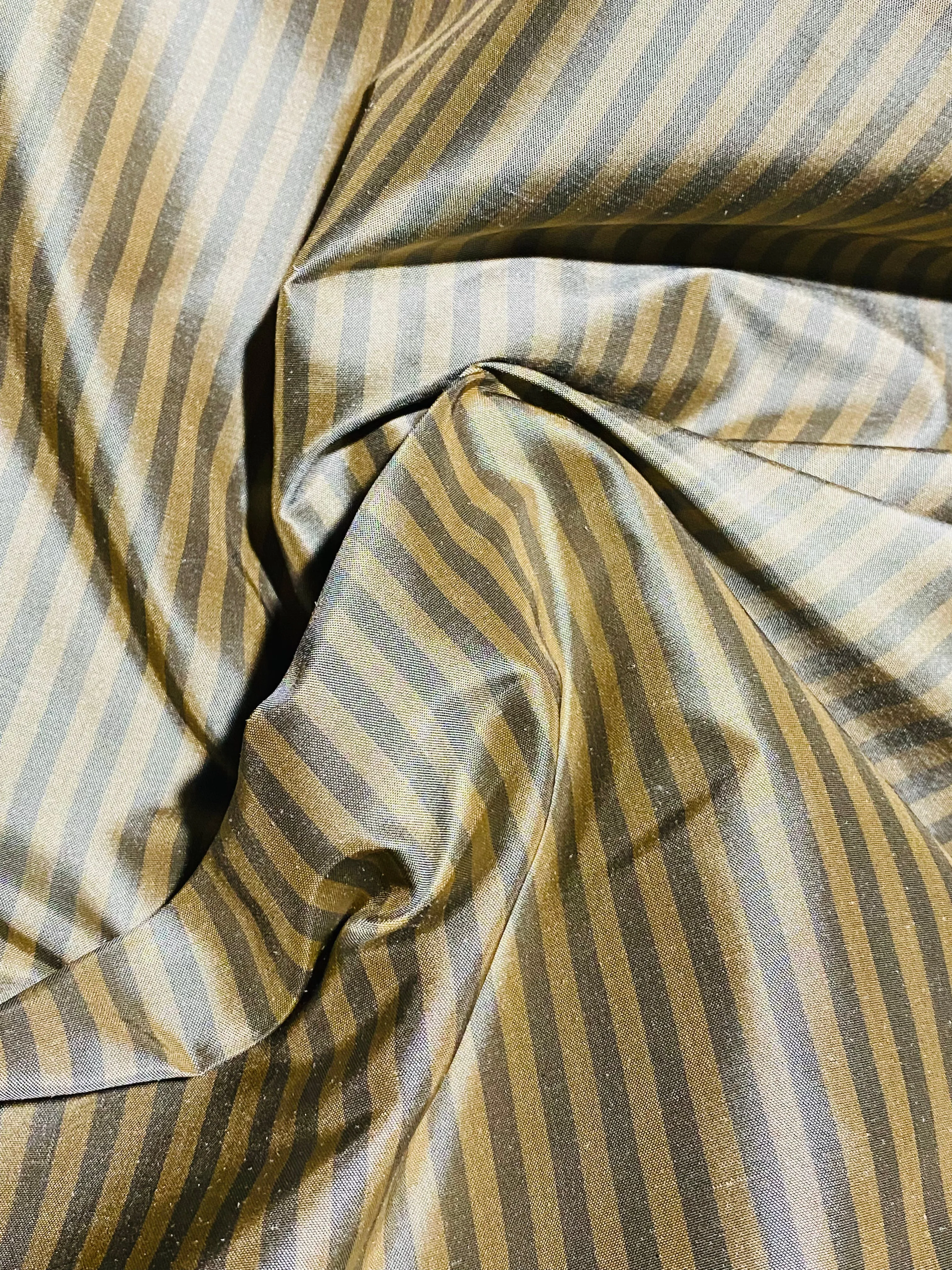 NEW Prince Derek 100% Silk Taffeta 1/4” Stripe Fabric - Grey and Gold