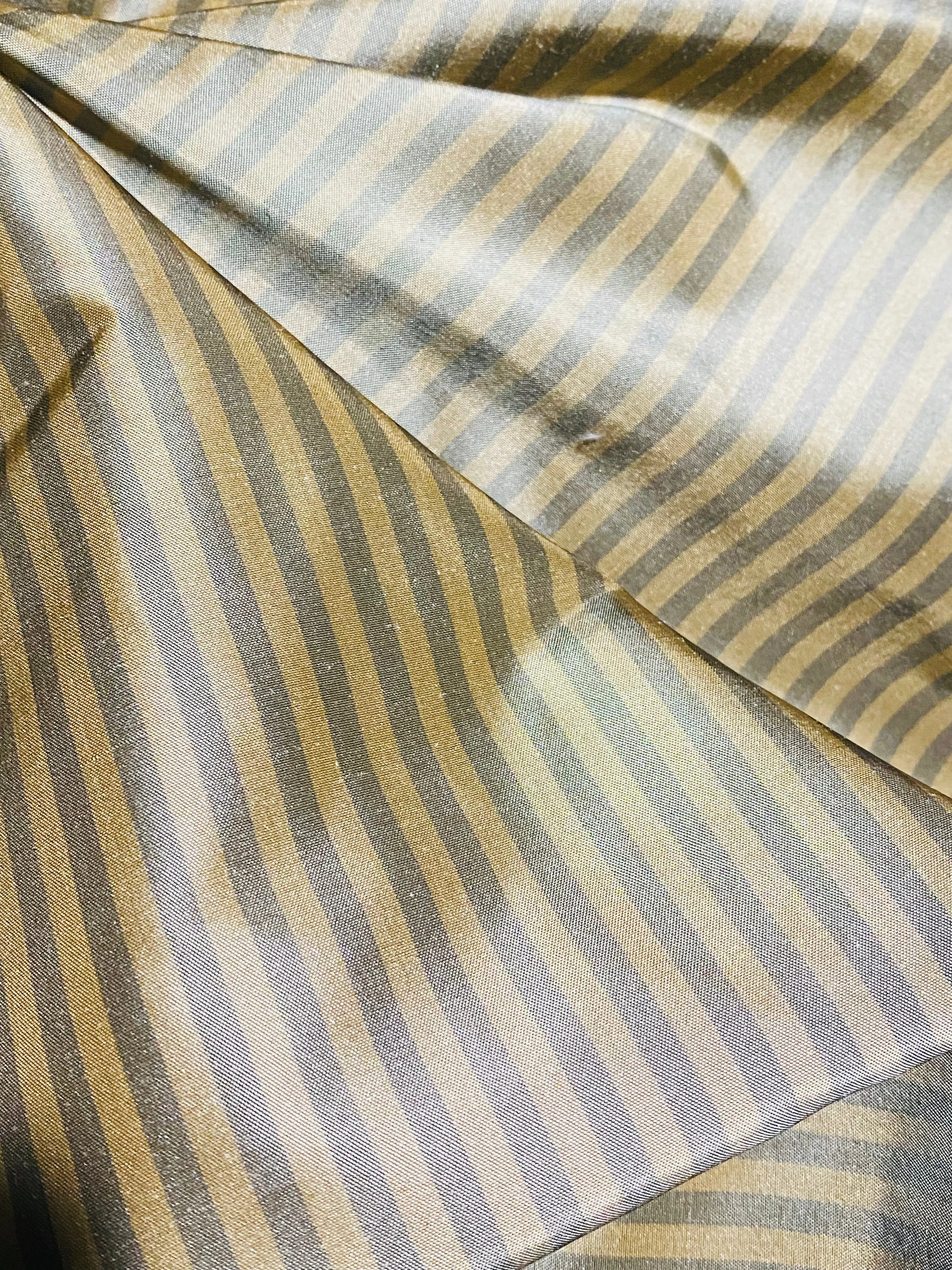 NEW Prince Derek 100% Silk Taffeta 1/4” Stripe Fabric - Grey and Gold