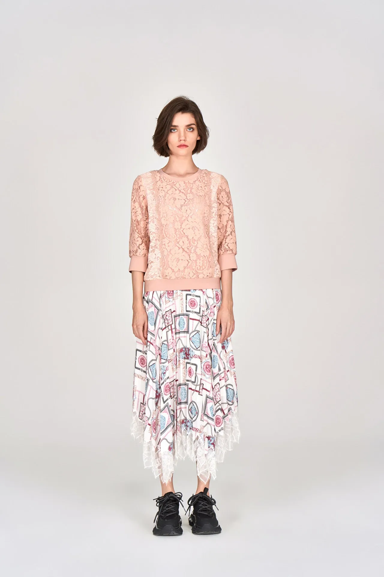 Pink Lace Mid Sleeves Top