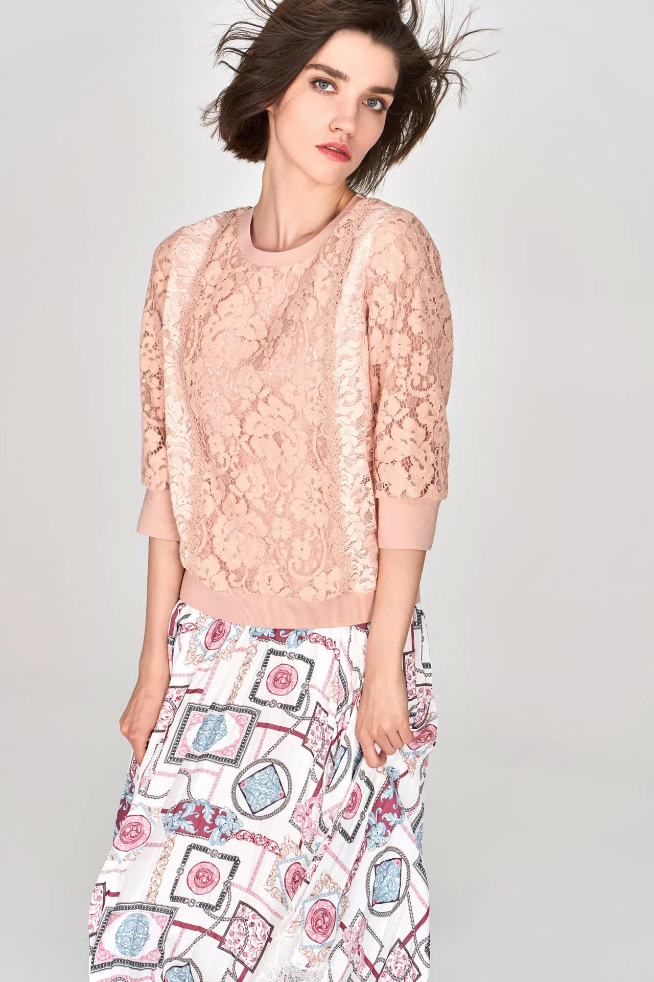 Pink Lace Mid Sleeves Top