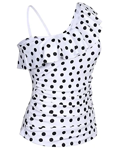 Push Up Bra One Shoulder Tankini Top Flirty Ruffle Detail-White Dot