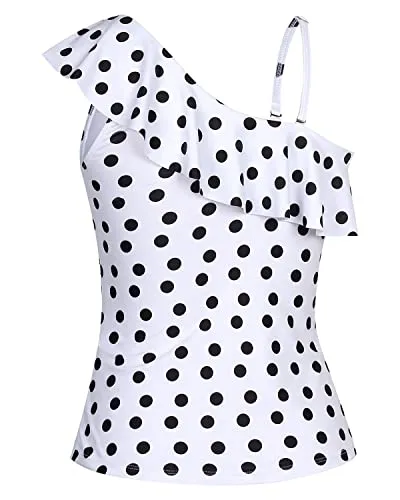 Push Up Bra One Shoulder Tankini Top Flirty Ruffle Detail-White Dot